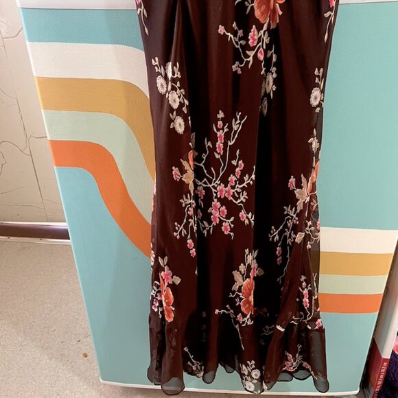 Vintage Brown Floral Dress | Beading | Wedding Guest Dress Late Summer Flowy - Picture 9 of 10